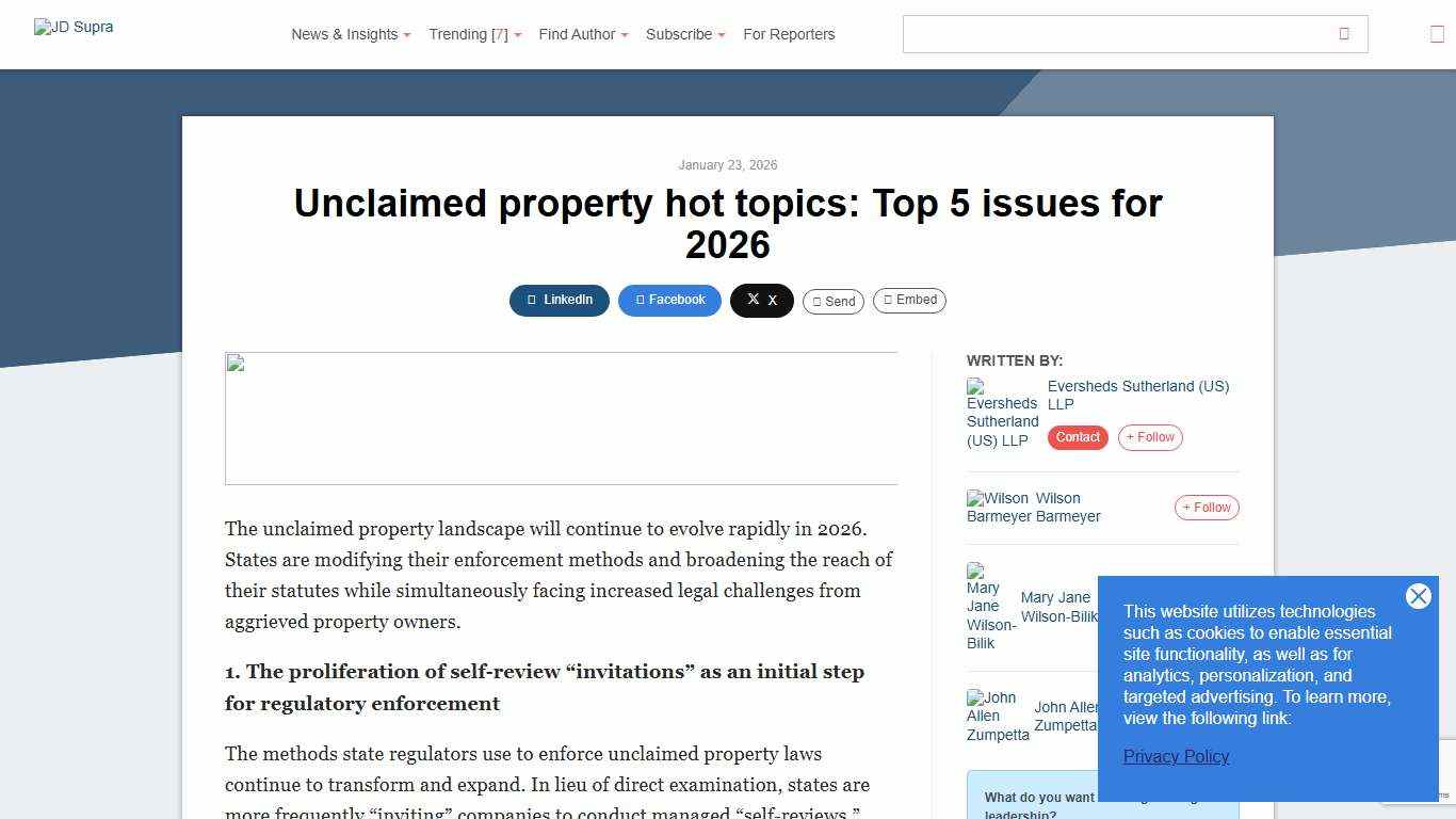 Unclaimed property hot topics: Top 5 issues for 2026 Eversheds Sutherland (US) LLP - JDSupra